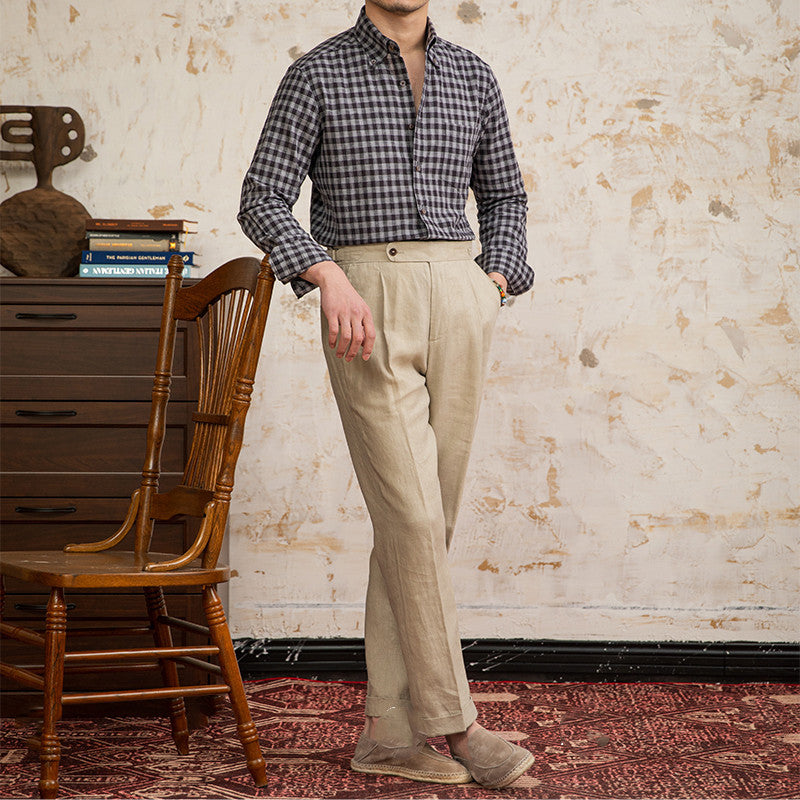 Chemise Vintage à Carreaux en Coton et Lin à Manches Longues pour Homme