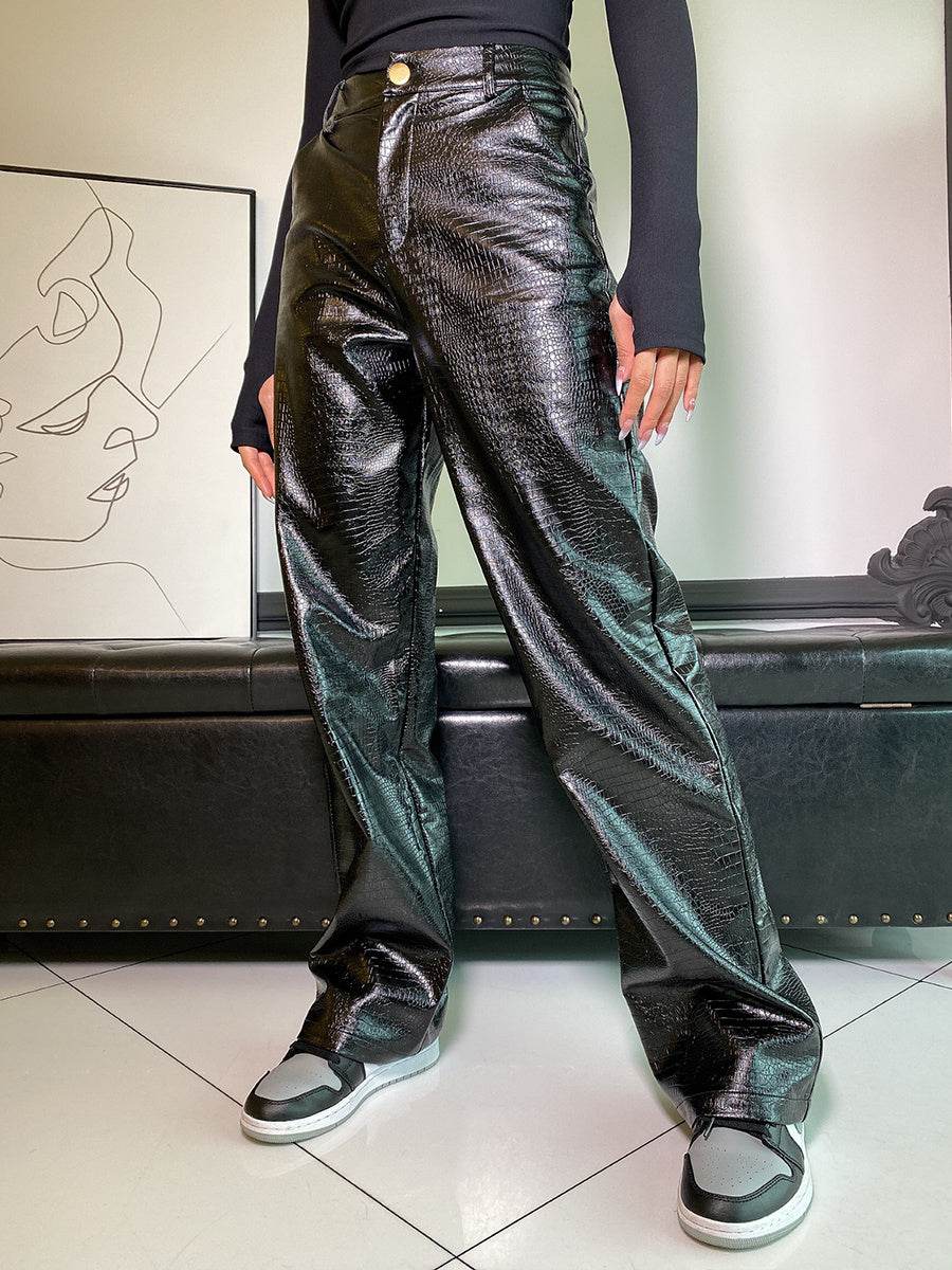 Pantalon en cuir décontracté à jambe droite pour femme - Droxev