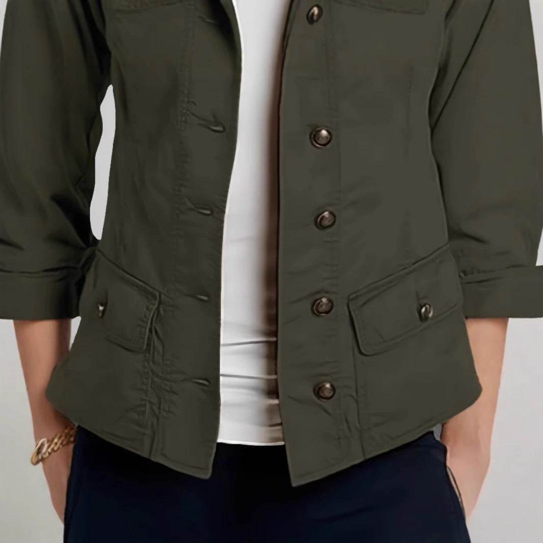 Veste décontractée à simple boutonnage et manches retroussables de couleur unie - Droxev