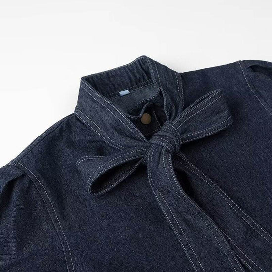 Chemise en jean décontractée à lacets et nœud bleu foncé - Droxev