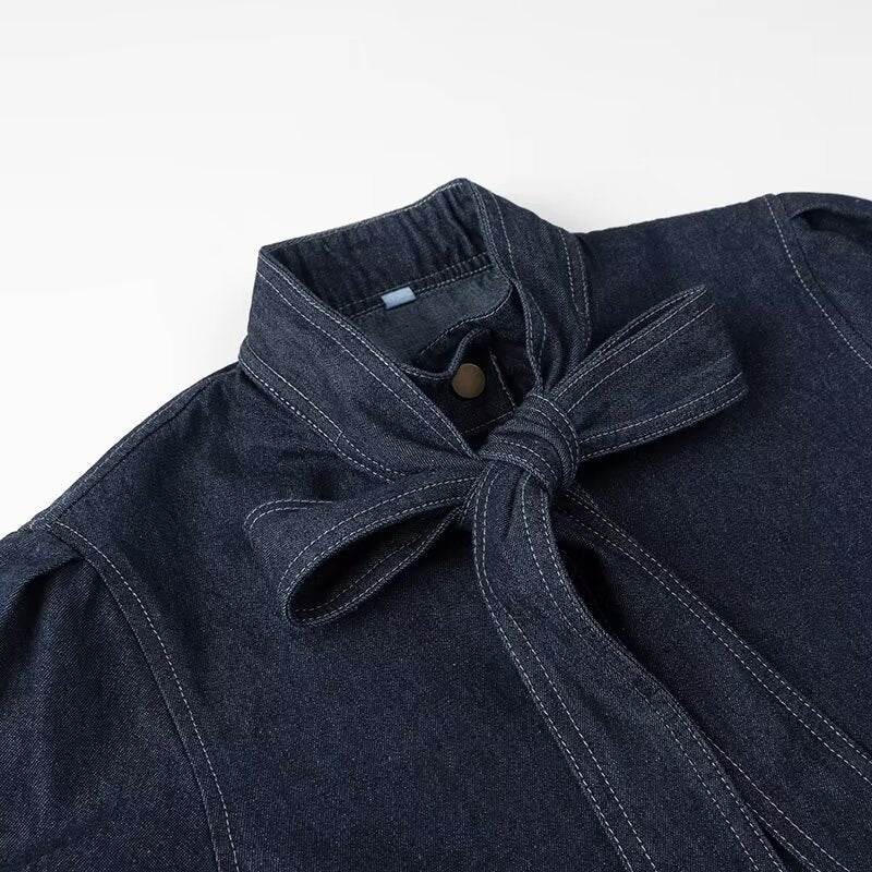 Chemise en jean décontractée à lacets et nœud bleu foncé - Droxev