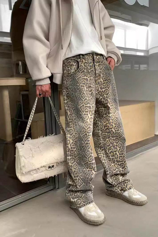 Pantalon large en denim imprimé délavé et vieilli pour femme - Droxev