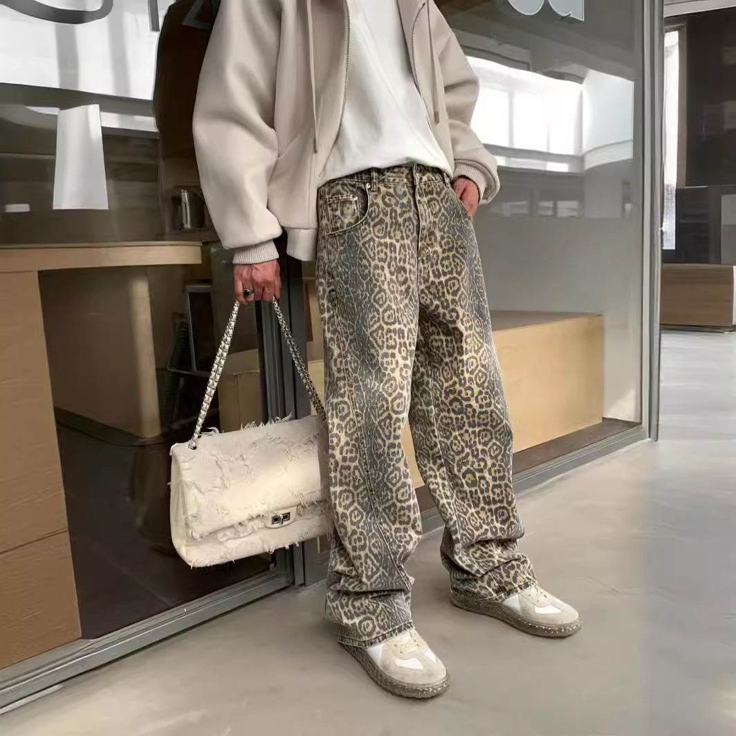 Pantalon large en denim imprimé délavé et vieilli pour femme - Droxev