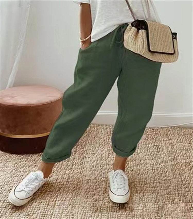 Pantalon court décontracté en coton et lin à taille élastique pour femme - Droxev