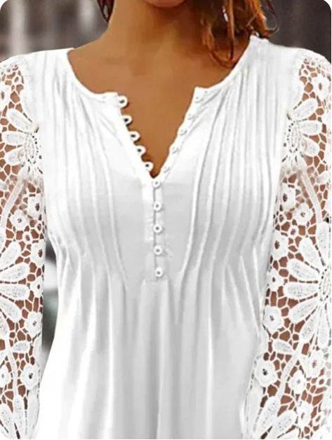 T-shirt court Slim à manches longues et col en V en dentelle de printemps - Droxev
