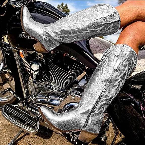 Bottes chevalier pointues fluorescentes mi-mollet pour femmes, chaussures à talons épais - Droxev