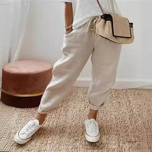 Pantalon court décontracté en coton et lin à taille élastique pour femme - Droxev