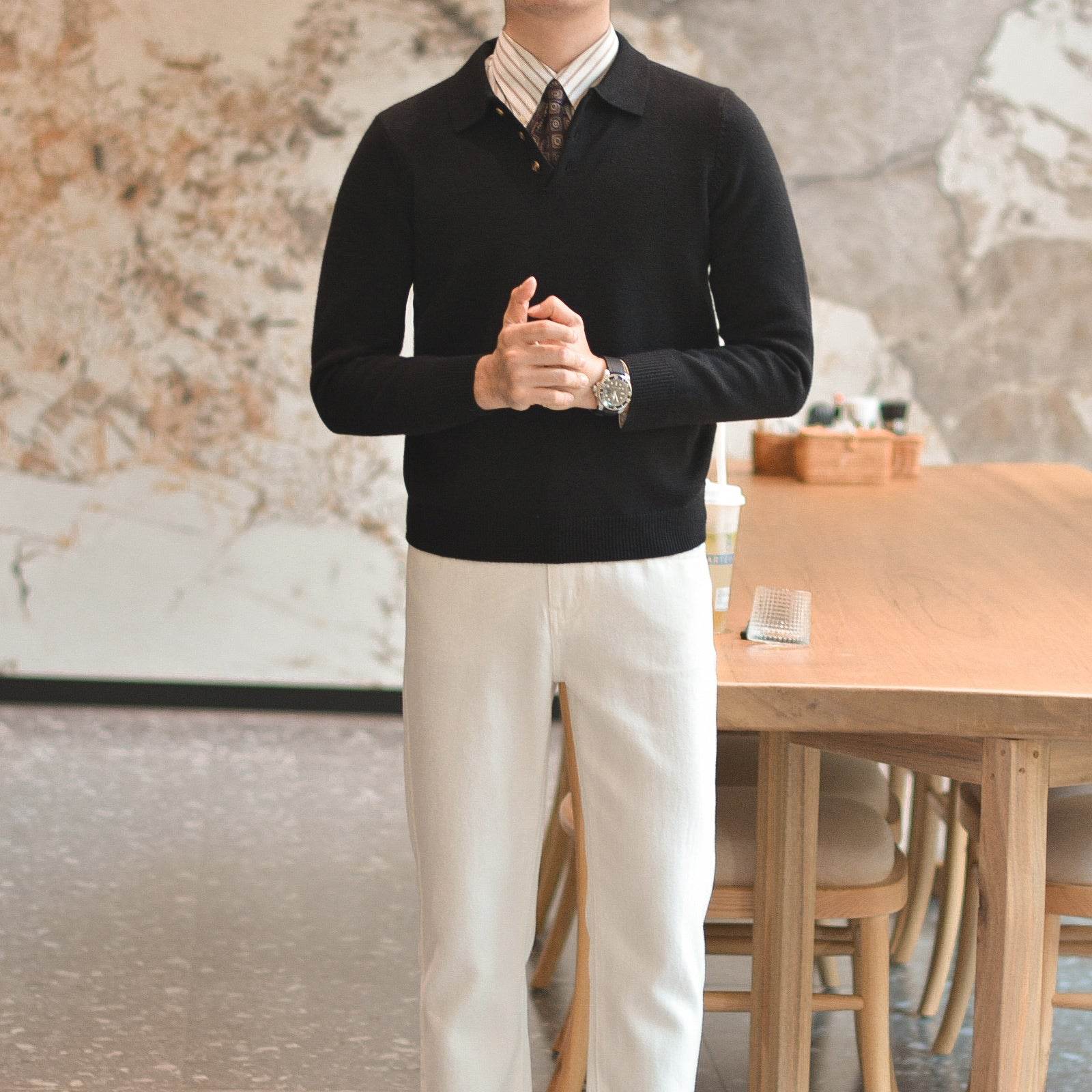 Chemise en tricot à revers vintage vert menthe pour hommes - Droxev