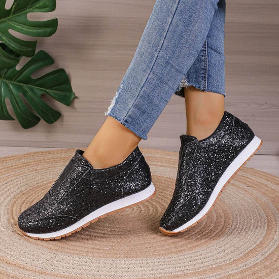 Chaussures plates à paillettes dorées et argentées pour femmes, chaussures de marche décontractées pour l'extérieur et la course à pied - Droxev