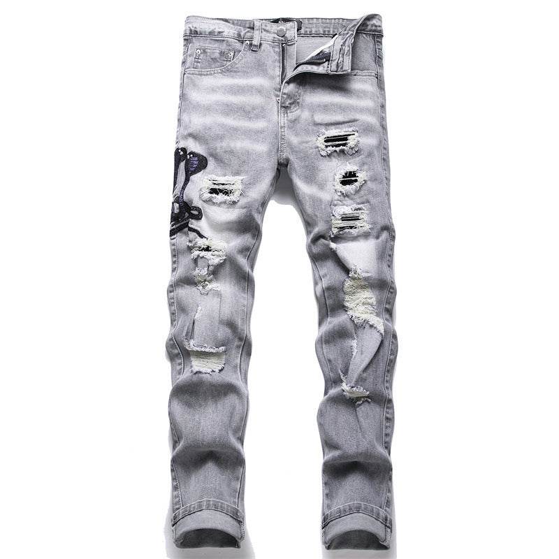 Jean extensible pour homme avec patch brodé Cobra gris tendance - Droxev