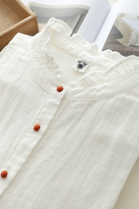 Chemise blanche à manches longues en fil de coton double épaisseur - Droxev