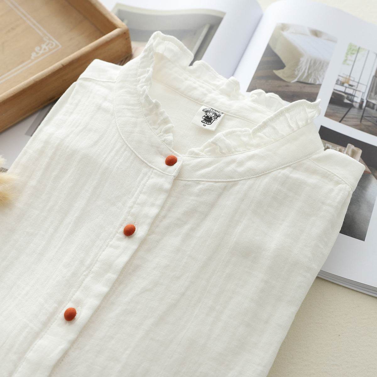 Chemise blanche à manches longues en fil de coton double épaisseur - Droxev