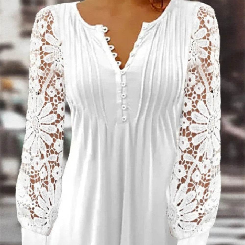 T-shirt court Slim à manches longues et col en V en dentelle de printemps - Droxev