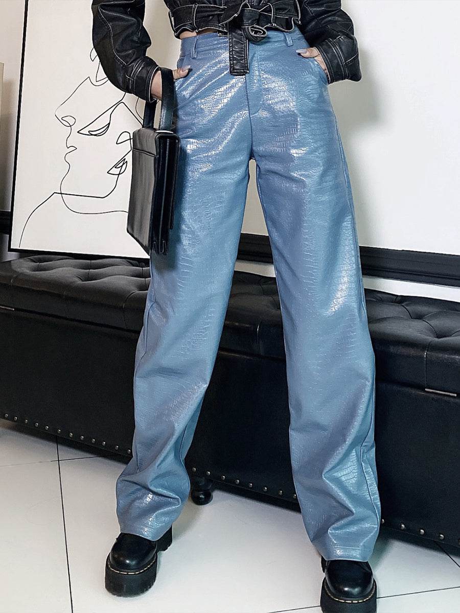 Pantalon en cuir décontracté à jambe droite pour femme - Droxev