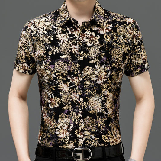 Chemise d'été imprimée à manches courtes pour homme d'âge moyen, en soie glacée extensible, pour loisirs