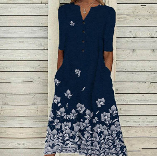 Robe longue décontractée ample à col en V et poches imprimées pour femme - Droxev