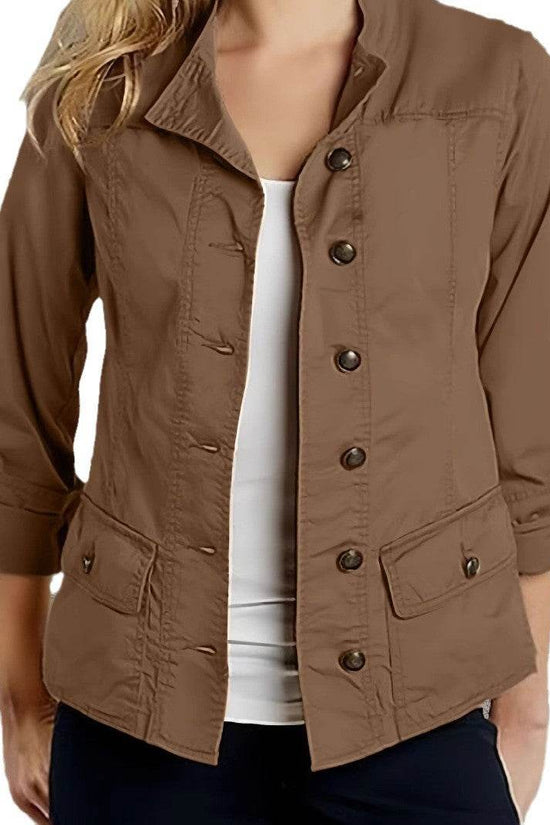 Veste décontractée à simple boutonnage et manches retroussables de couleur unie - Droxev