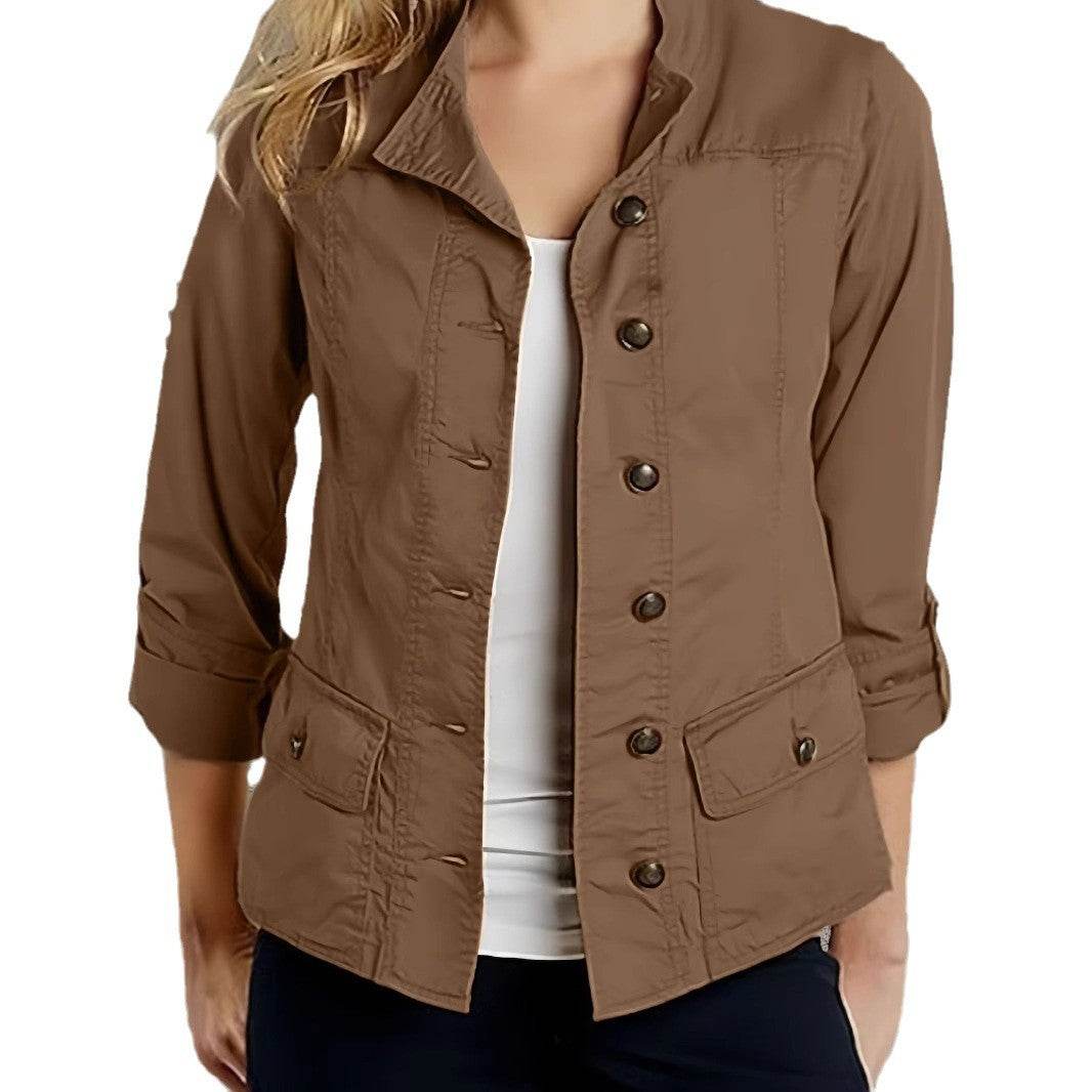 Veste décontractée à simple boutonnage et manches retroussables de couleur unie - Droxev