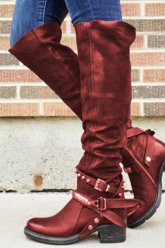 Bottes à boucle de ceinture Bottes pour femmes Talon épais Talon moyen Grand - Droxev
