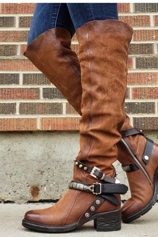 Bottes à boucle de ceinture Bottes pour femmes Talon épais Talon moyen Grand - Droxev