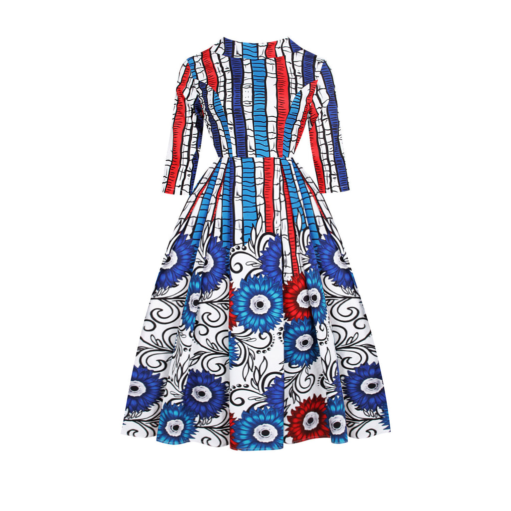 Robe-jupe tendance à col en V et manches trois-quarts pour femme