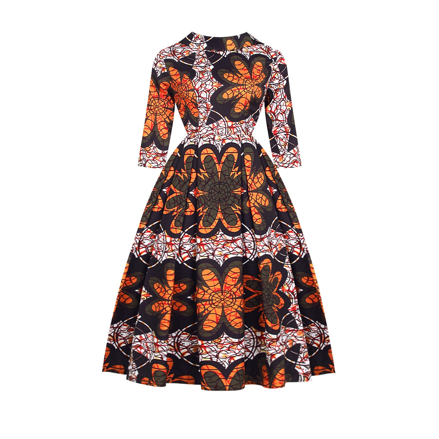 Robe-jupe tendance à col en V et manches trois-quarts pour femme