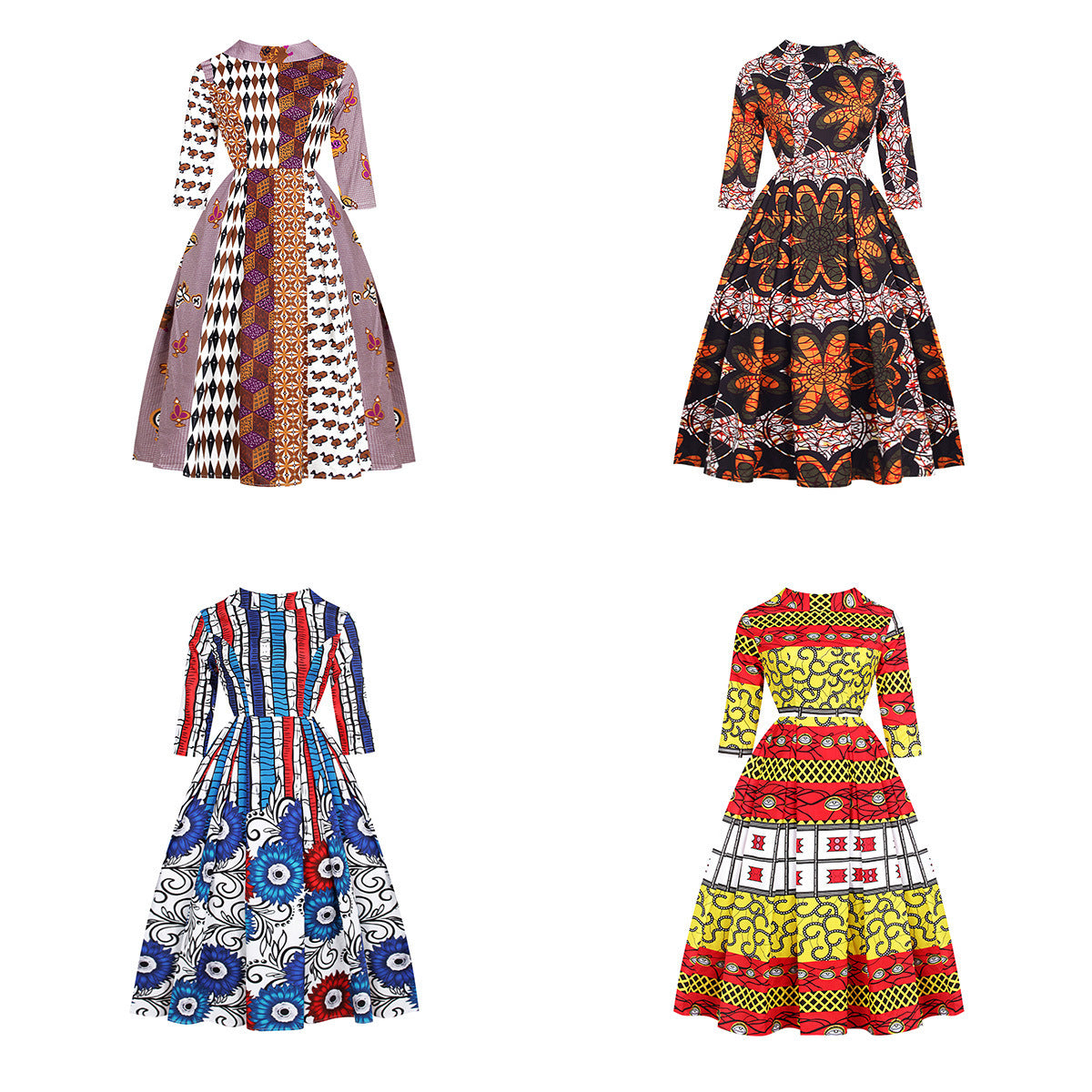 Robe-jupe tendance à col en V et manches trois-quarts pour femme