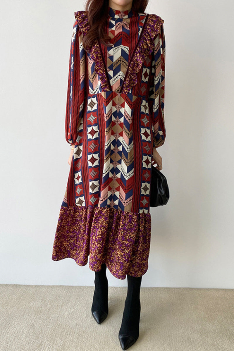 Robe à manches longues et col montant, style coréen, style rétro, imprimé abstrait, taille fine