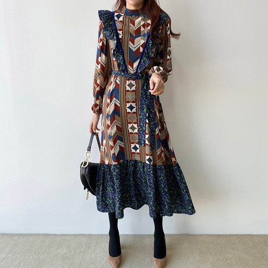 Robe à manches longues et col montant, style coréen, style rétro, imprimé abstrait, taille fine - Droxev