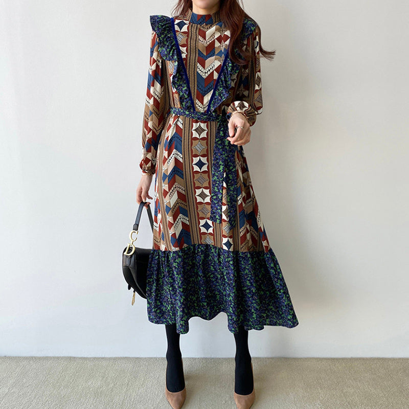 Robe à manches longues et col montant, style coréen, style rétro, imprimé abstrait, taille fine
