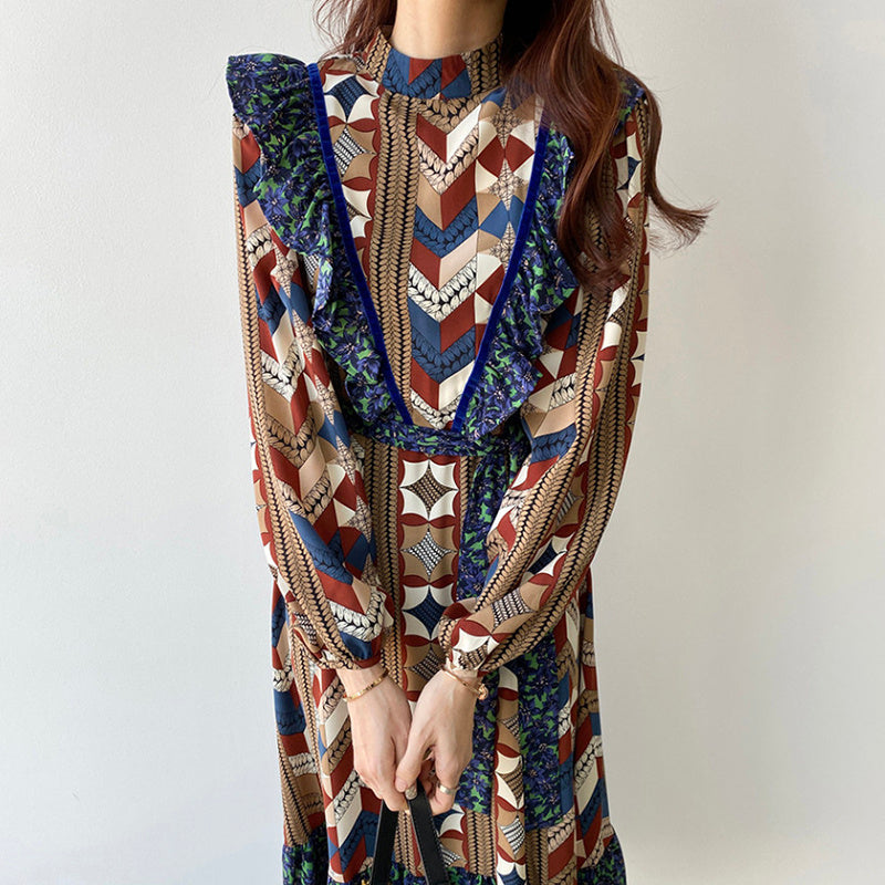 Robe à manches longues et col montant, style coréen, style rétro, imprimé abstrait, taille fine