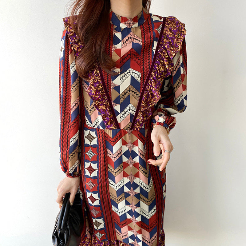 Robe à manches longues et col montant, style coréen, style rétro, imprimé abstrait, taille fine
