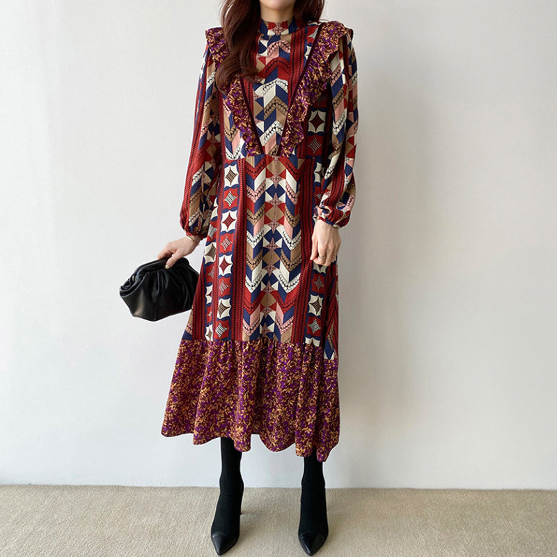 Robe à manches longues et col montant, style coréen, style rétro, imprimé abstrait, taille fine