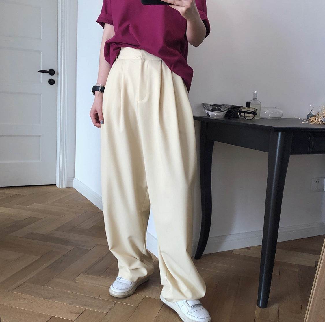 Pantalon ample drapé amincissant droit radis pantalon décontracté - Droxev