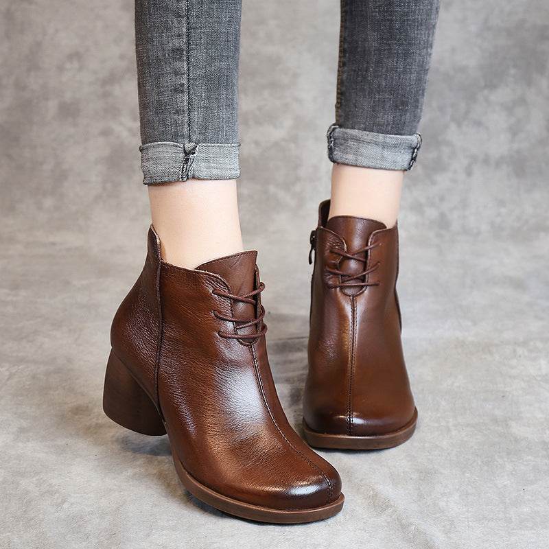 Bottes rétro confortables à talons épais pour femmes, bottes Martin à talons hauts, bottes en cuir, bottes courtes pour femmes - Droxev