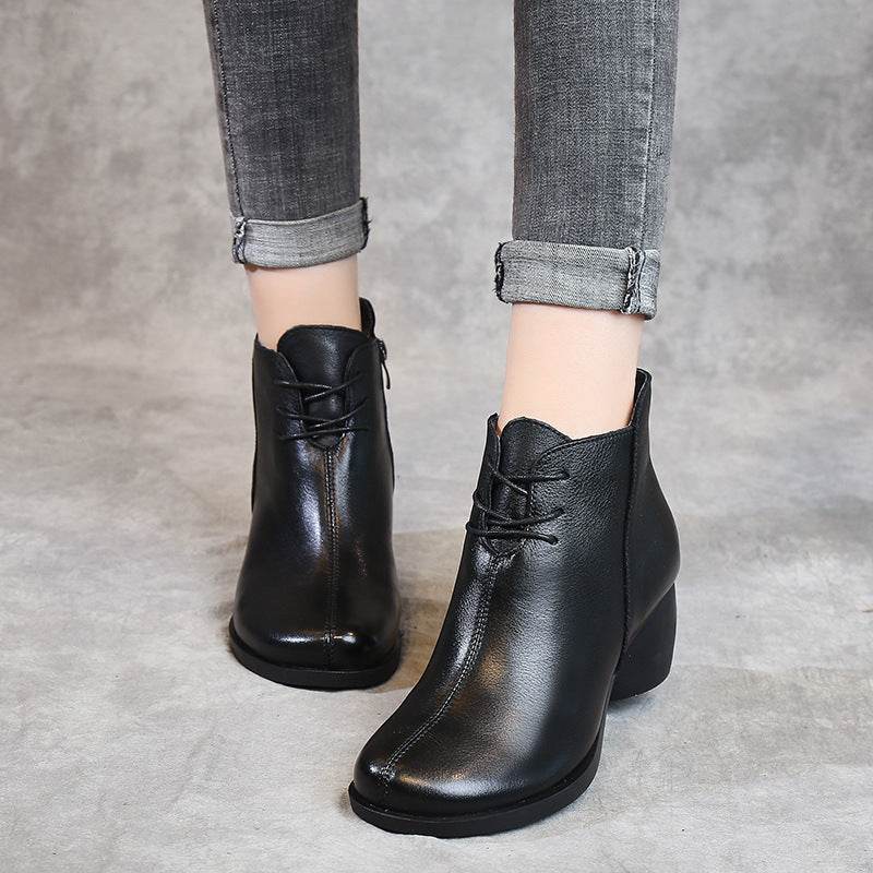 Bottes rétro confortables à talons épais pour femmes, bottes Martin à talons hauts, bottes en cuir, bottes courtes pour femmes - Droxev