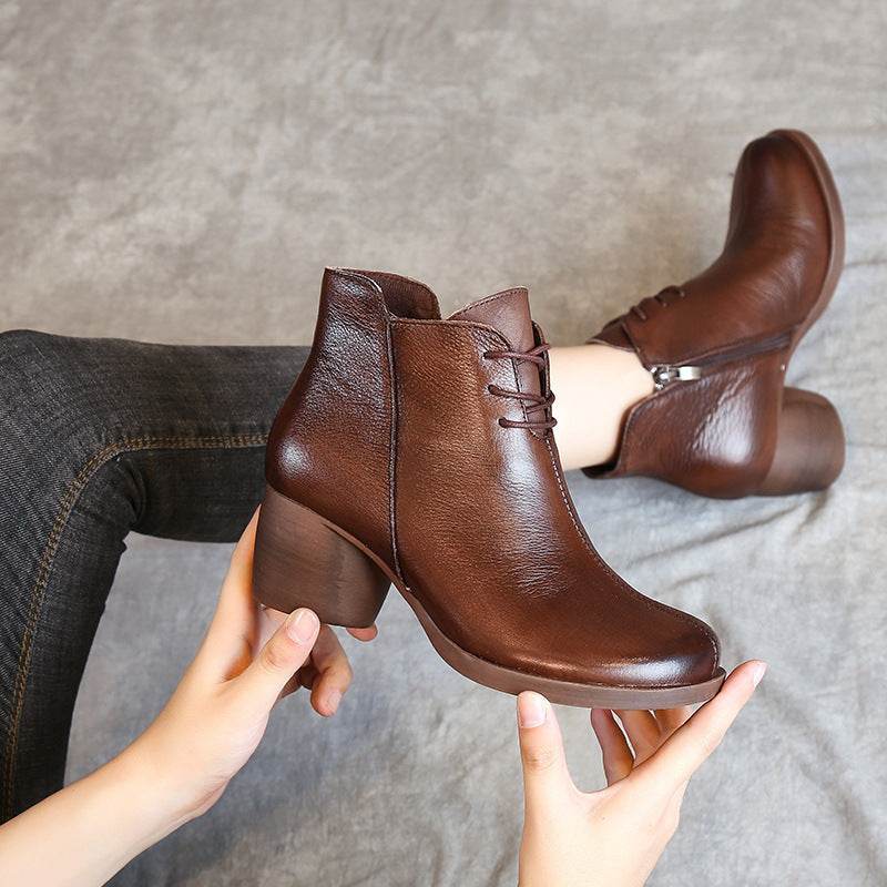Bottes rétro confortables à talons épais pour femmes, bottes Martin à talons hauts, bottes en cuir, bottes courtes pour femmes - Droxev