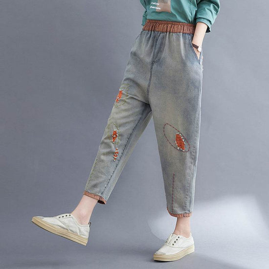 Pantalon sarouel en denim à trous contrastés pour femme - Droxev