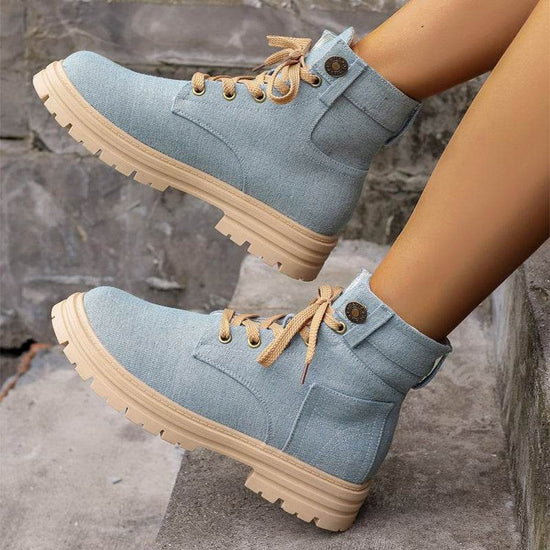 Bottines en jean à lacets pour femmes, bottes de cowboy à plateforme, décontractées, à bout rond, pour l'automne et l'hiver - Droxev
