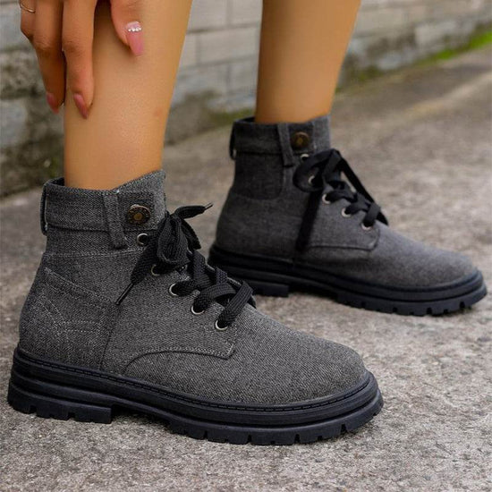 Bottines en jean à lacets pour femmes, bottes de cowboy à plateforme, décontractées, à bout rond, pour l'automne et l'hiver - Droxev