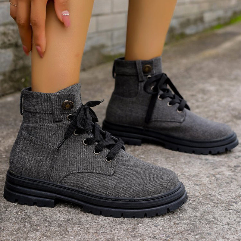 Bottines en jean à lacets pour femmes, bottes de cowboy à plateforme, décontractées, à bout rond, pour l'automne et l'hiver