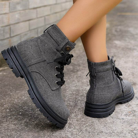 Bottines en jean à lacets pour femmes, bottes de cowboy à plateforme, décontractées, à bout rond, pour l'automne et l'hiver - Droxev