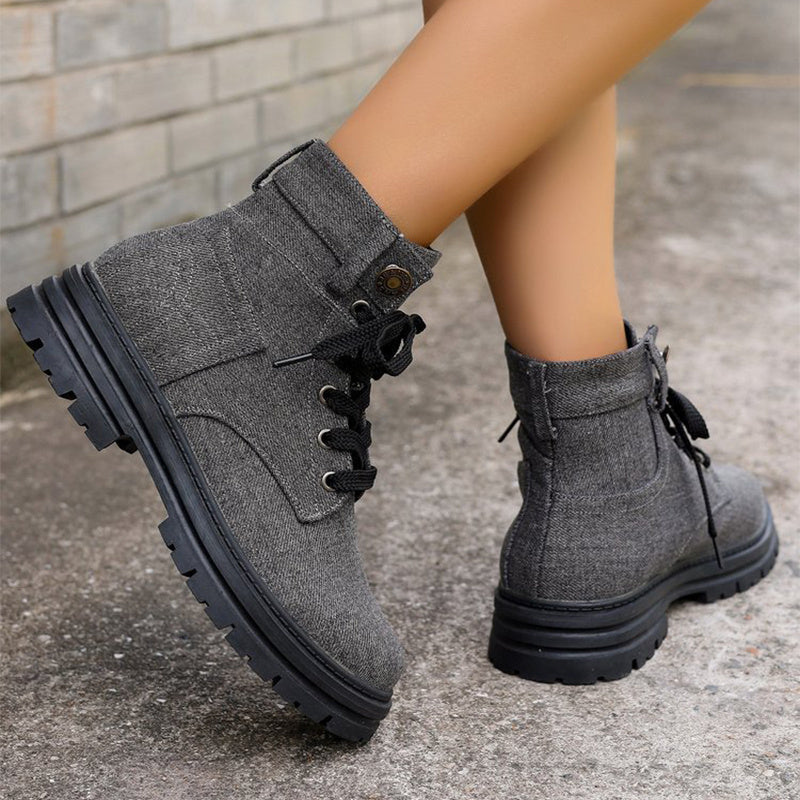Bottines en jean à lacets pour femmes, bottes de cowboy à plateforme, décontractées, à bout rond, pour l'automne et l'hiver
