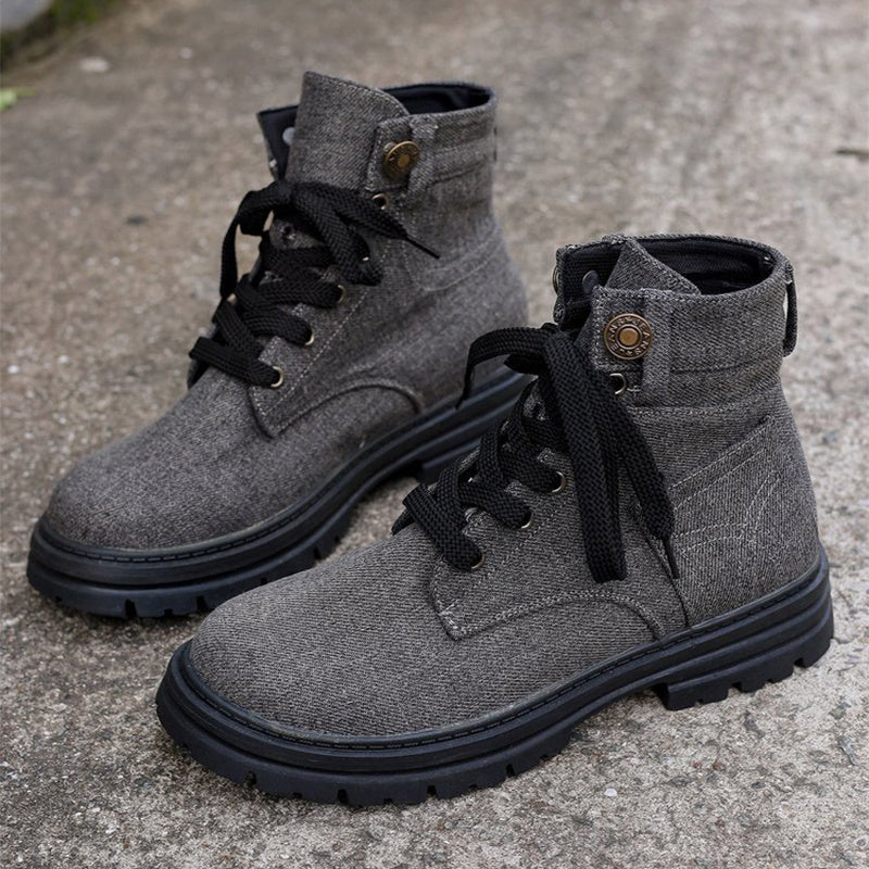 Bottines en jean à lacets pour femmes, bottes de cowboy à plateforme, décontractées, à bout rond, pour l'automne et l'hiver
