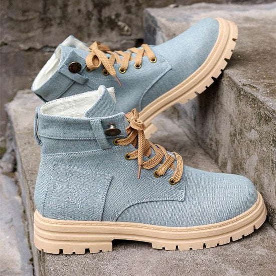 Bottines en jean à lacets pour femmes, bottes de cowboy à plateforme, décontractées, à bout rond, pour l'automne et l'hiver - Droxev