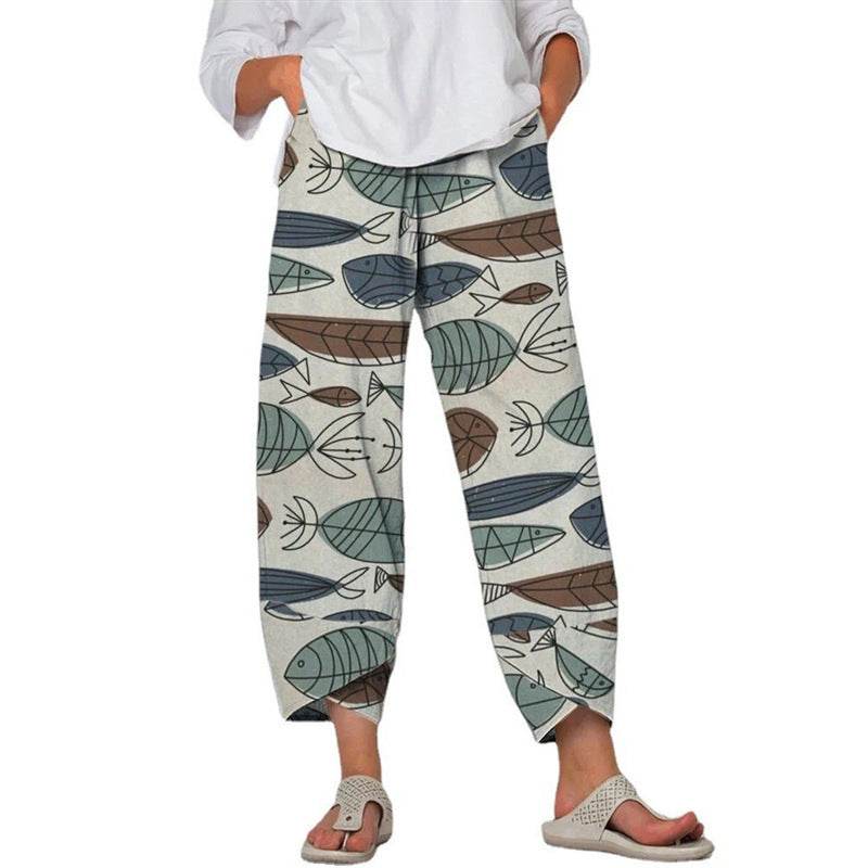 Pantalon gris taille haute à coutures imprimées, pantalon court ample - Droxev
