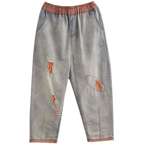 Pantalon sarouel en denim à trous contrastés pour femme - Droxev