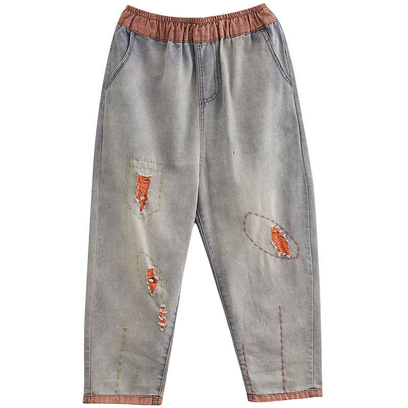 Pantalon sarouel en denim à trous contrastés pour femme - Droxev