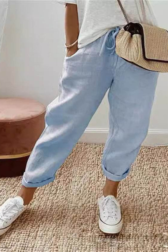 Pantalon court décontracté en coton et lin à taille élastique pour femme - Droxev