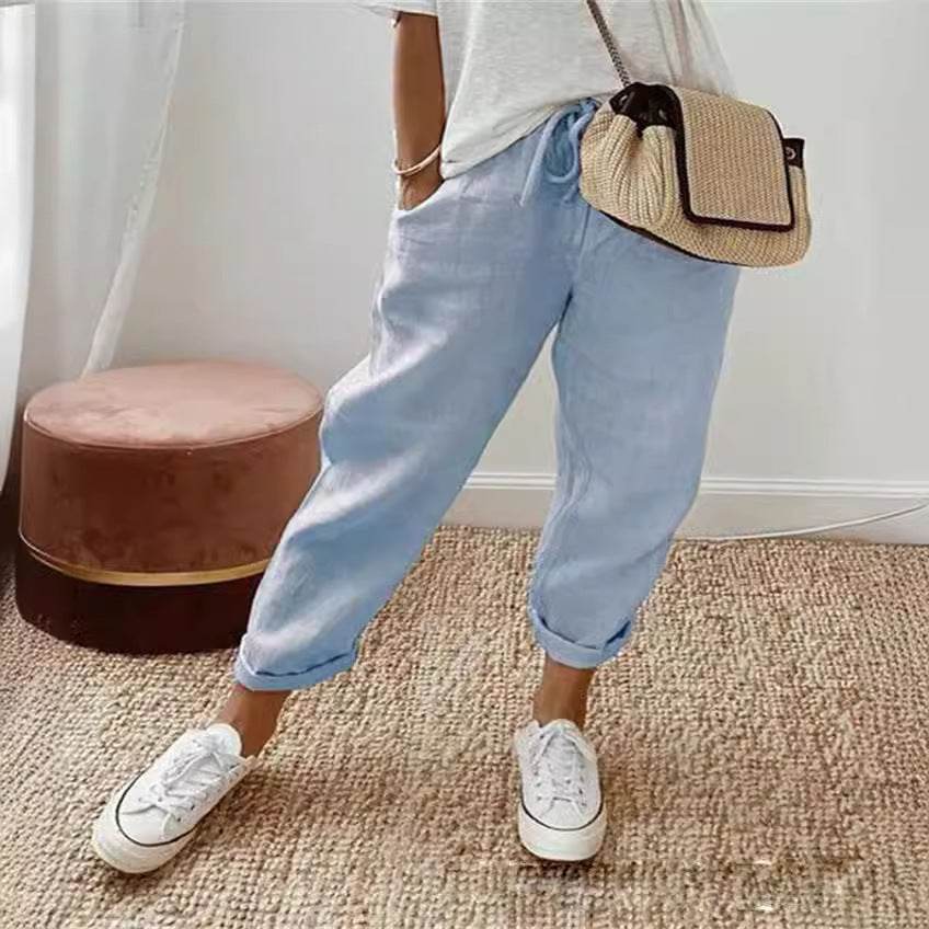 Pantalon court décontracté en coton et lin à taille élastique pour femme - Droxev